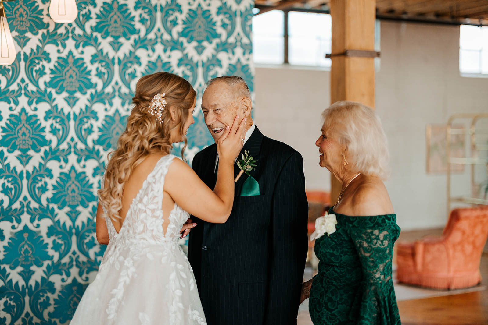 Cheney Place wedding photographer Grand Rapids Michigan candid bride laughing with grandparents during getting ready, best documentary wedding photography GAUPERphoto