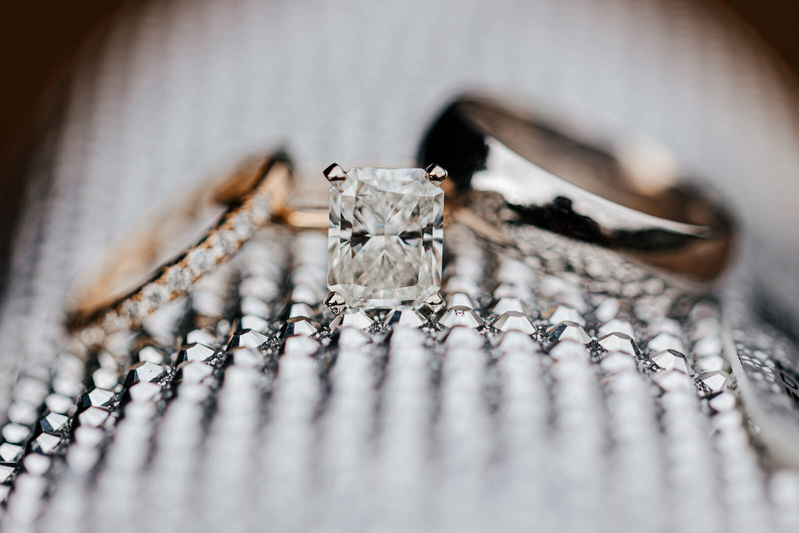 Close-up detail of bridal jewelry and ring before the wedding ceremony