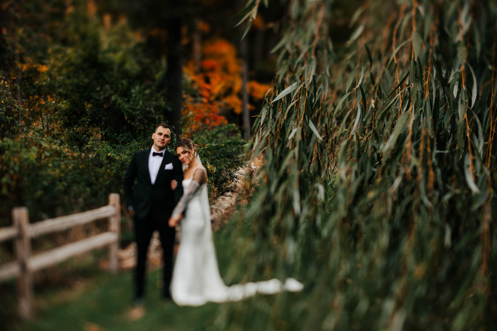 Bride and groom portrait among vibrant fall foliage with wooden fence at winery