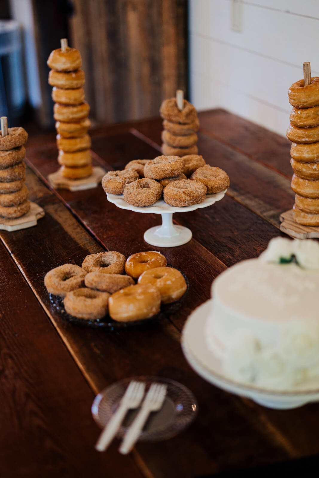 Donut tower wedding dessert display at Westers Family Winery reception