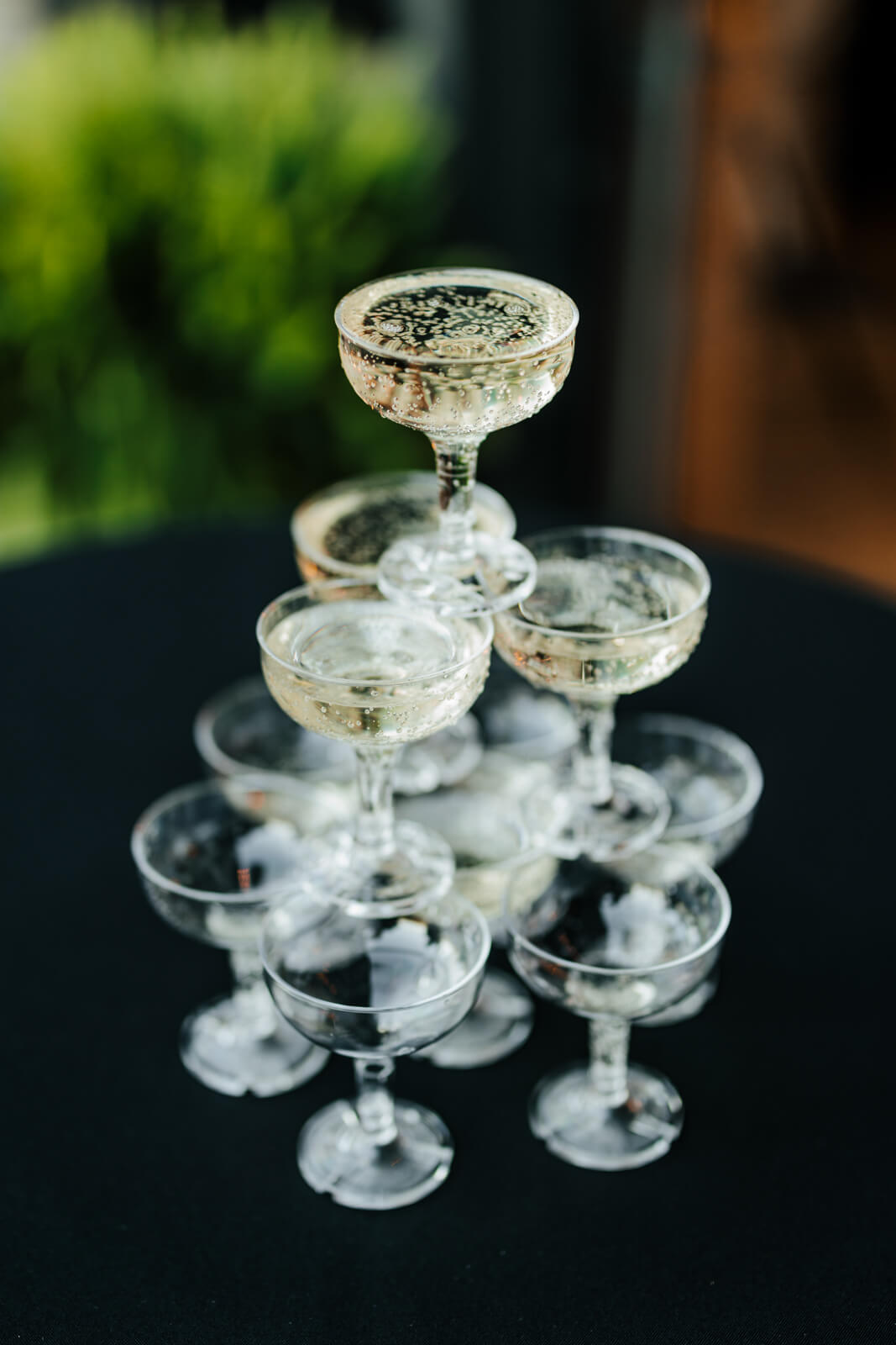 Champagne tower close-up at fall wedding reception at Westers Family Winery